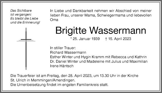 Traueranzeige von Brigitte Wassermann von Memminger Zeitung