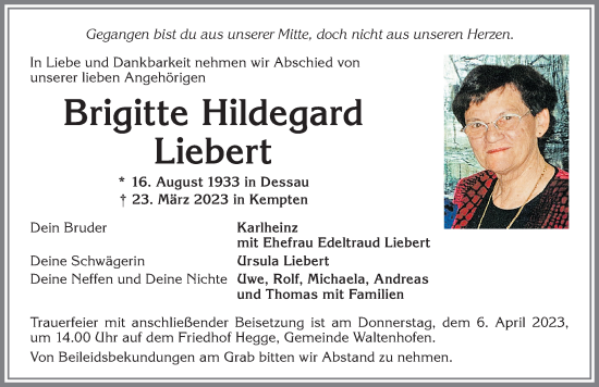 Traueranzeige von Brigitte Hildegard Liebert von Allgäuer Zeitung,Kempten