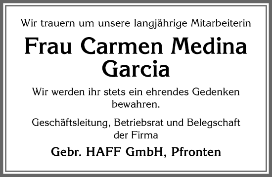 Traueranzeige von Carmen Medina Garcia von Allgäuer Zeitung, Füssen