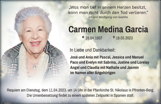 Traueranzeige von Carmen Medina Garcia von Allgäuer Zeitung, Füssen