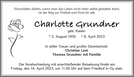 Traueranzeige von Charlotte Grundner von Allgäuer Zeitung,Kempten
