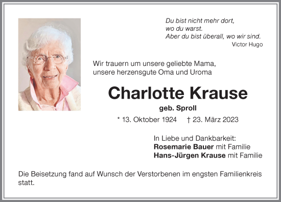 Traueranzeige von Charlotte Krause von Memminger Zeitung