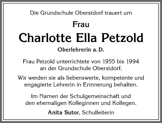 Traueranzeige von Charlotte Ella Petzold von Allgäuer Anzeigeblatt