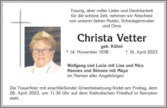 Traueranzeige von Christa Vetter von Allgäuer Zeitung,Kempten
