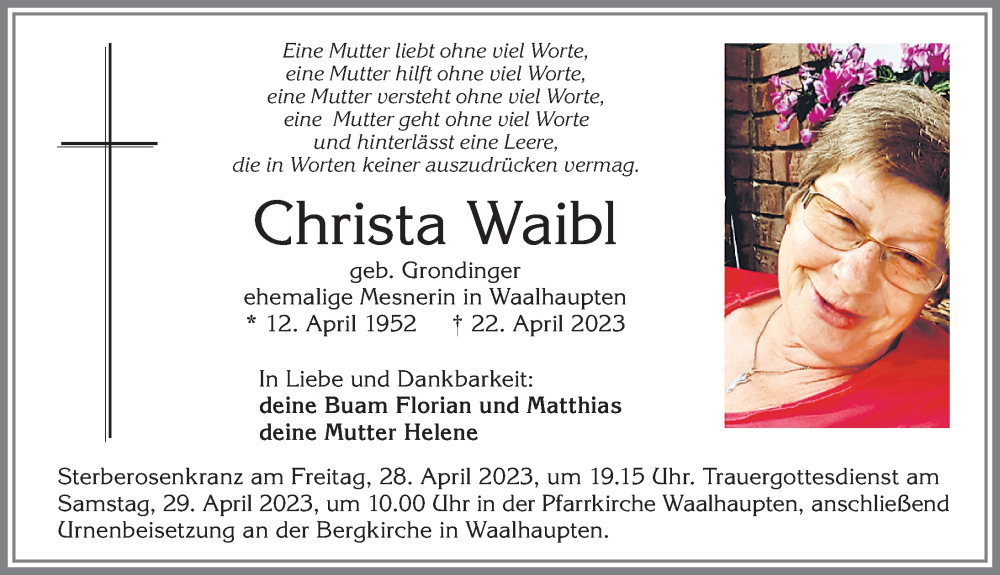  Traueranzeige für Christa Waibl vom 26.04.2023 aus Allgäuer Zeitung, Kaufbeuren/Buchloe