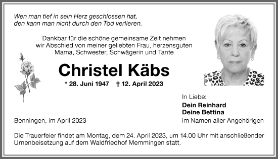 Traueranzeige von Christel Käbs von Memminger Zeitung