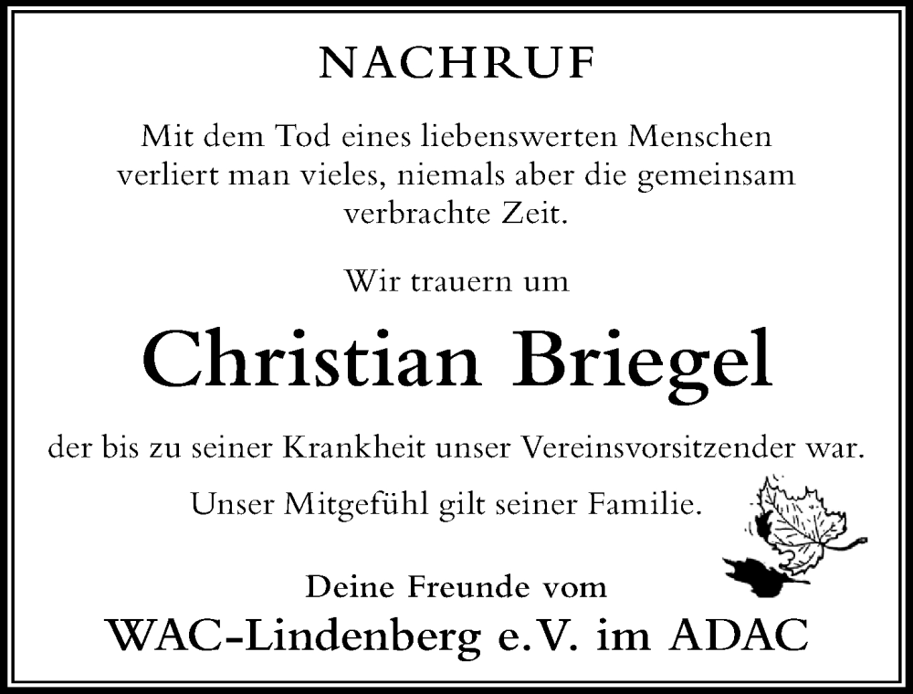  Traueranzeige für Christian Briegel vom 20.04.2023 aus Der Westallgäuer