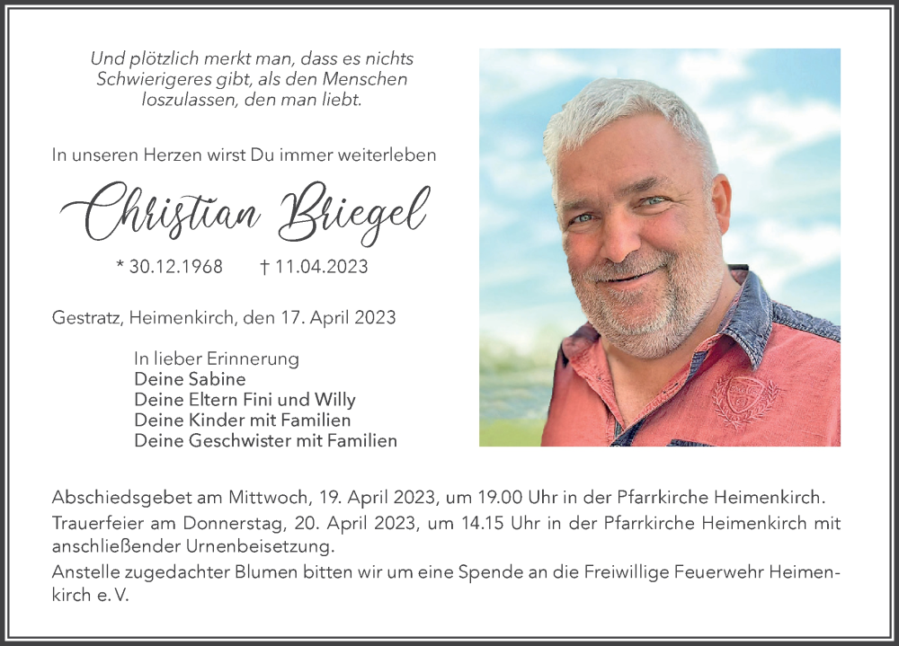  Traueranzeige für Christian Briegel vom 17.04.2023 aus Der Westallgäuer