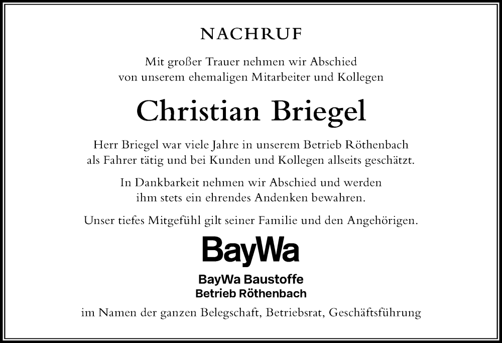  Traueranzeige für Christian Briegel vom 19.04.2023 aus Der Westallgäuer
