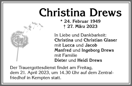 Traueranzeige von Christina Drews von Allgäuer Zeitung,Kempten