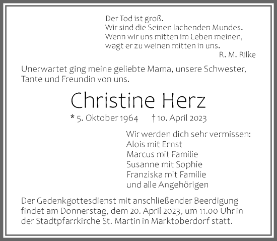 Traueranzeige von Christine Herz von Allgäuer Zeitung, Marktoberdorf