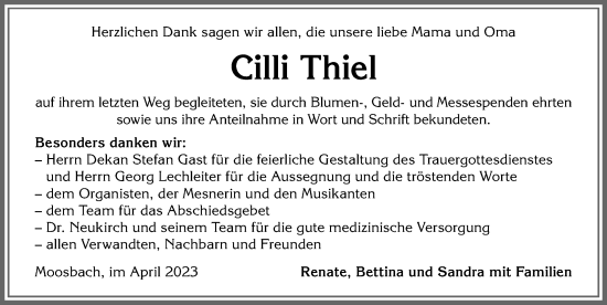 Traueranzeige von Cilli Thiel von Allgäuer Zeitung,Kempten