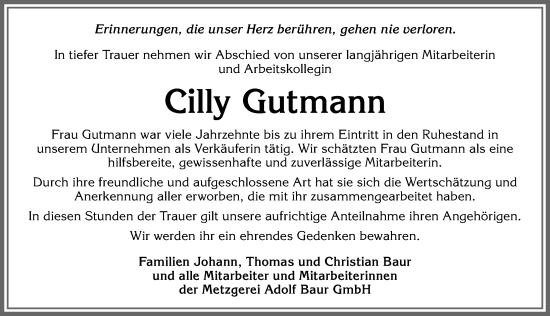 Traueranzeige von Cilly Gutmann von Allgäuer Zeitung, Marktoberdorf