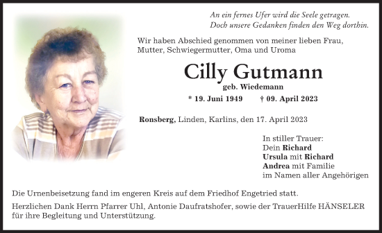 Traueranzeige von Cilly Gutmann von Allgäuer Zeitung, Marktoberdorf
