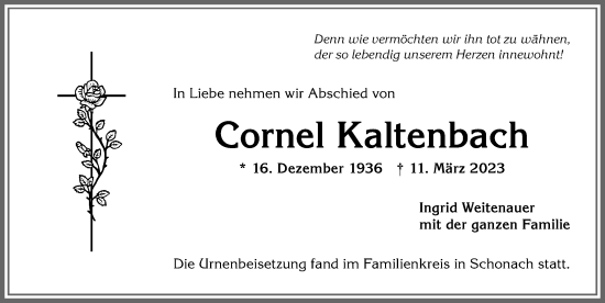 Traueranzeige von Cornel Kaltenbach von Allgäuer Anzeigeblatt