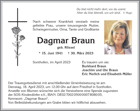 Traueranzeige von Dagmar Braun von Allgäuer Anzeigeblatt