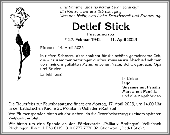Traueranzeige von Detlef Stick von Allgäuer Zeitung, Füssen