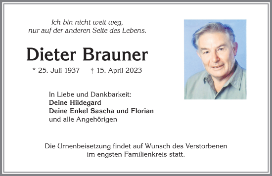 Traueranzeige von Dieter Brauner von Allgäuer Zeitung, Kaufbeuren/Buchloe