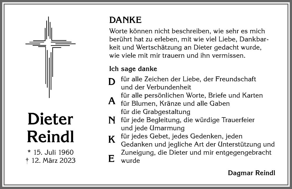  Traueranzeige für Dieter Reindl vom 01.04.2023 aus Allgäuer Zeitung,Kempten