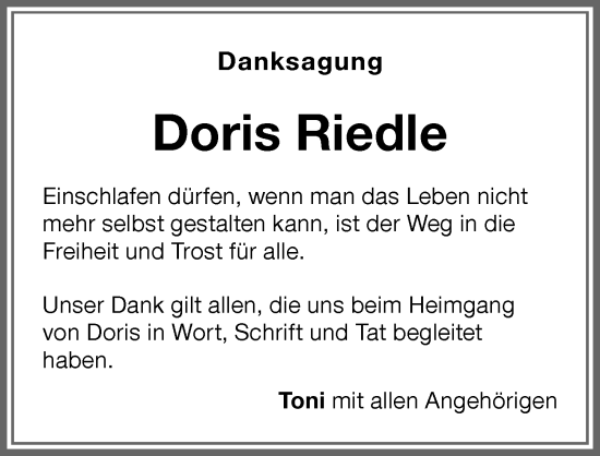 Traueranzeige von Doris Riedle von Memminger Zeitung