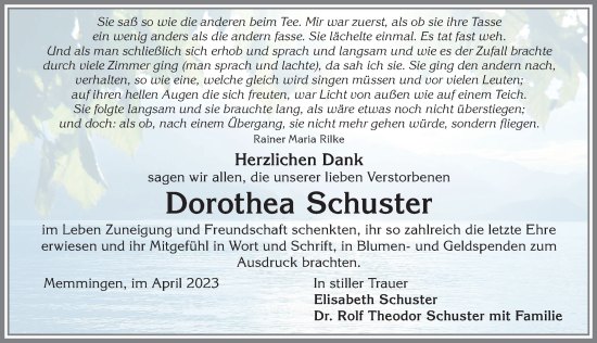 Traueranzeige von Dorothea Schuster von Augsburger Allgemeine