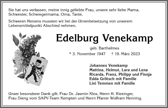 Traueranzeige von Edelburg Venekamp von Allgäuer Anzeigeblatt