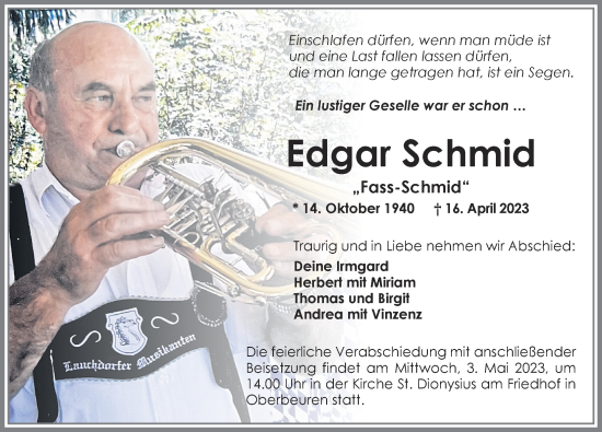Traueranzeige von Edgar Schmid von Allgäuer Zeitung, Kaufbeuren/Buchloe