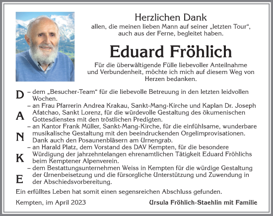 Traueranzeige von Eduard Fröhlich von Allgäuer Zeitung,Kempten