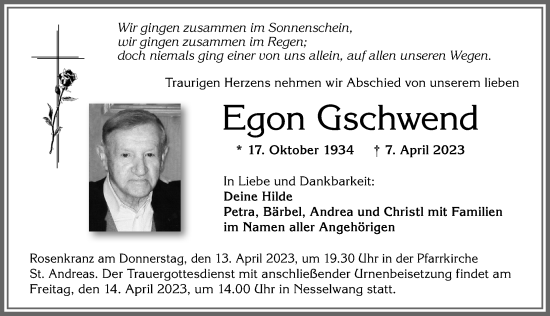 Traueranzeige von Egon Gschwend von Allgäuer Zeitung, Füssen