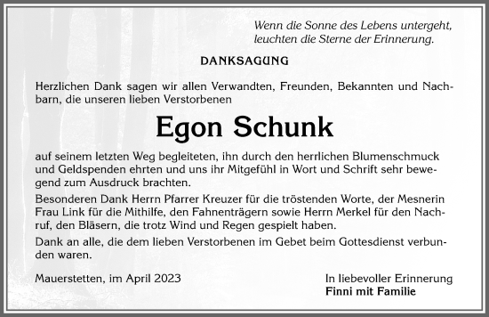 Traueranzeige von Egon Schunk von Allgäuer Zeitung, Kaufbeuren/Buchloe