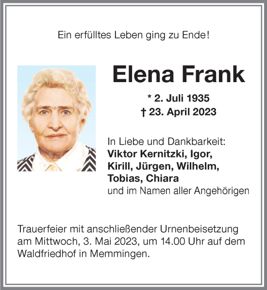 Traueranzeige von Elena Frank von Memminger Zeitung