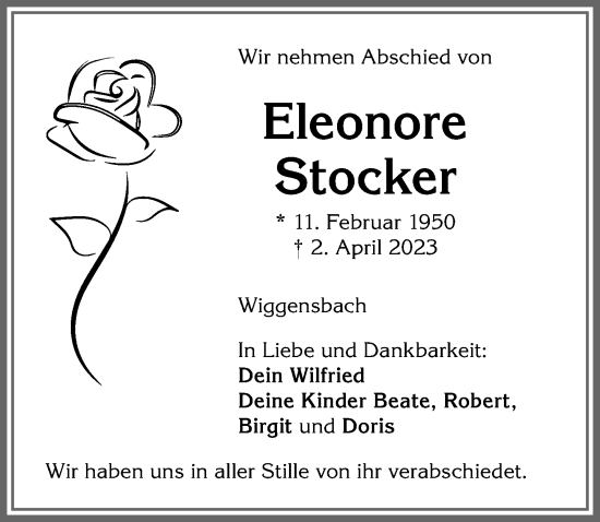 Traueranzeige von Eleonore Stocker von Allgäuer Zeitung,Kempten