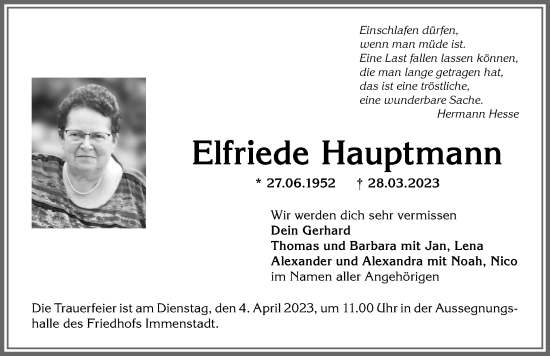 Traueranzeige von Elfriede Hauptmann von Allgäuer Anzeigeblatt
