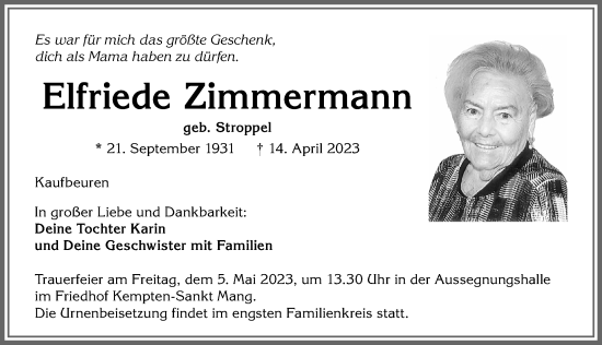 Traueranzeige von Elfriede Zimmermann von Allgäuer Zeitung,Kempten