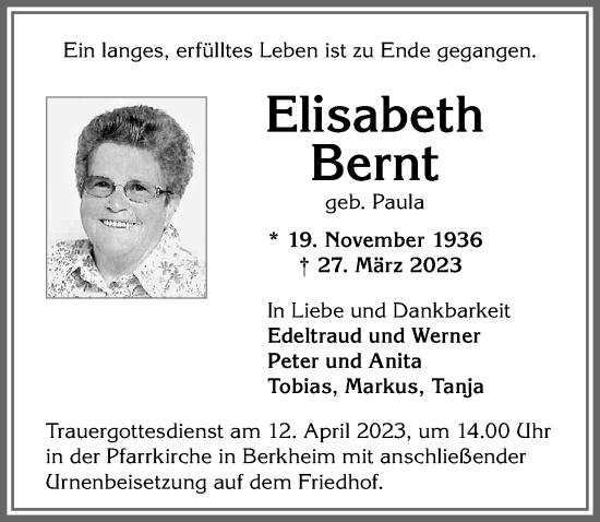 Traueranzeige von Elisabeth Bernt von Allgäuer Zeitung, Kaufbeuren/Buchloe