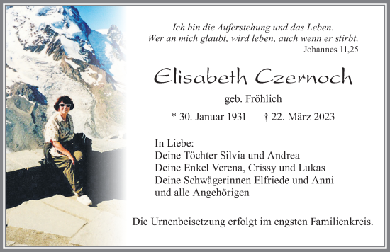 Traueranzeige von Elisabeth Czernoch von Allgäuer Zeitung, Marktoberdorf