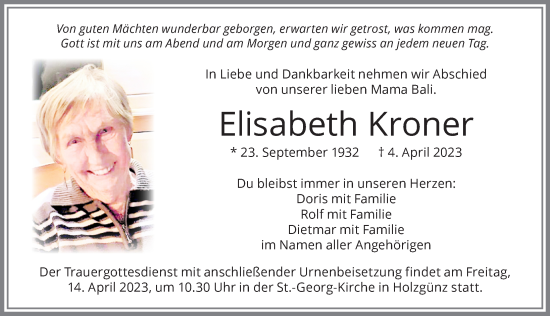 Traueranzeige von Elisabeth Kroner von Memminger Zeitung
