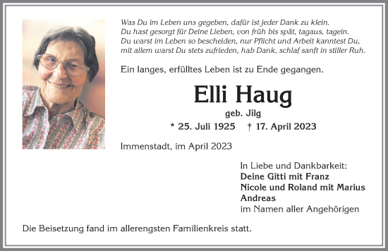 Traueranzeige von Elli Haug von Allgäuer Anzeigeblatt