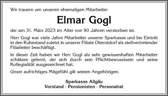 Traueranzeige von Elmar Gogl von Allgäuer Anzeigeblatt
