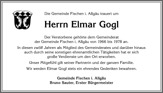 Traueranzeige von Elmar Gogl von Allgäuer Anzeigeblatt