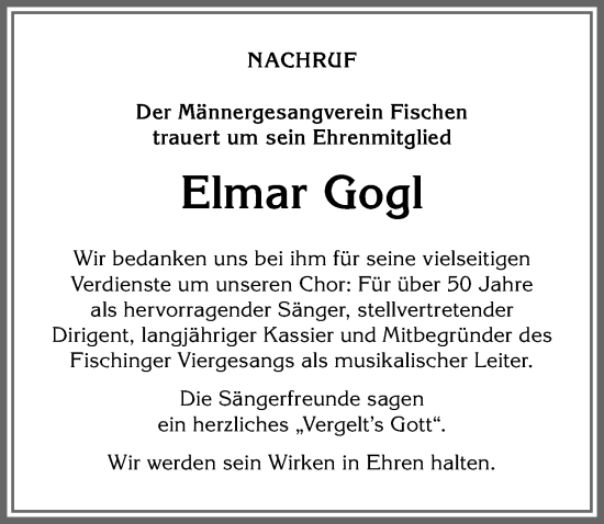 Traueranzeige von Elmar Gogl von Allgäuer Anzeigeblatt