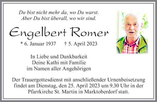 Traueranzeige von Engelbert Romer von Allgäuer Zeitung, Marktoberdorf