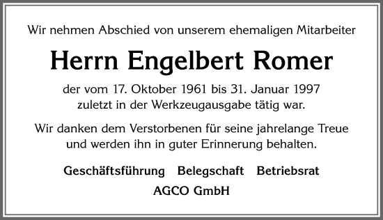 Traueranzeige von Engelbert Romer von Allgäuer Zeitung, Marktoberdorf