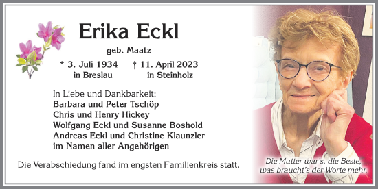 Traueranzeige von Erika Eckl von Allgäuer Zeitung, Kaufbeuren/Buchloe
