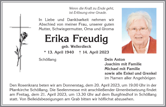 Traueranzeige von Erika Freudig von Allgäuer Anzeigeblatt