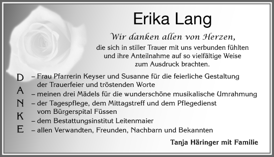Traueranzeige von Erika Lang von Allgäuer Zeitung, Füssen