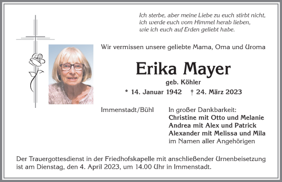 Traueranzeige von Erika Mayer von Allgäuer Anzeigeblatt