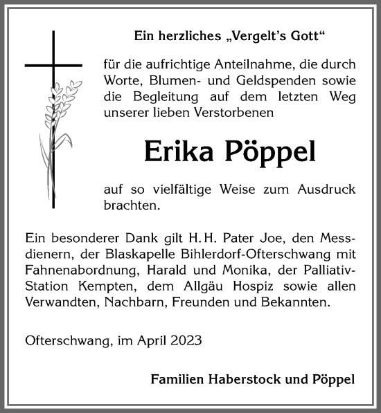 Traueranzeige von Erika Pöppel von Allgäuer Anzeigeblatt