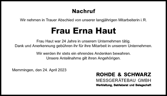 Traueranzeige von Erna Haut von Memminger Zeitung
