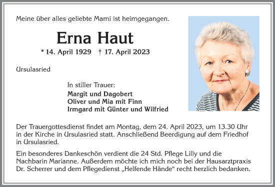Traueranzeige von Erna Haut von Allgäuer Zeitung,Kempten